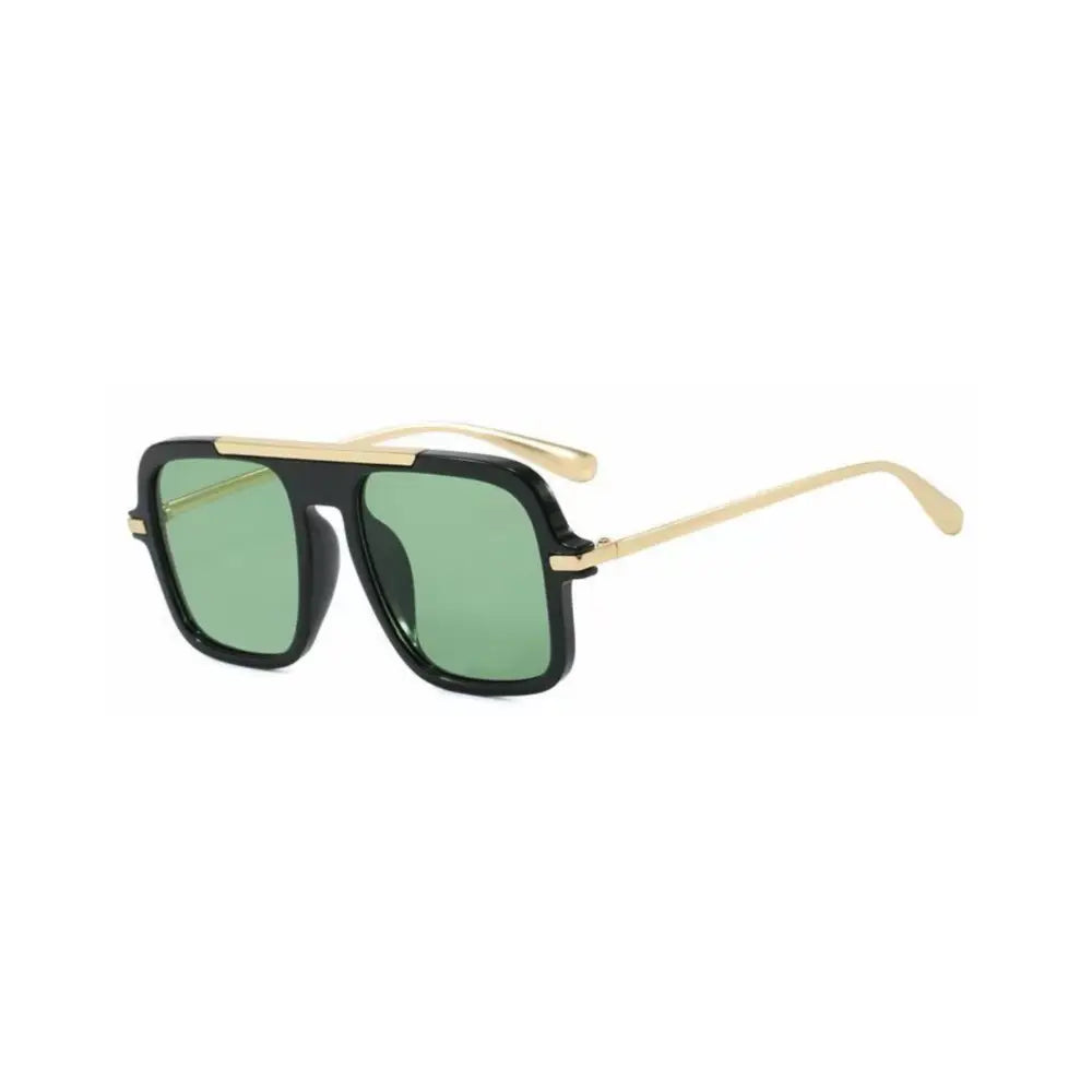 A set of 12 black and gold aviator sunglasses with green tinted lenses