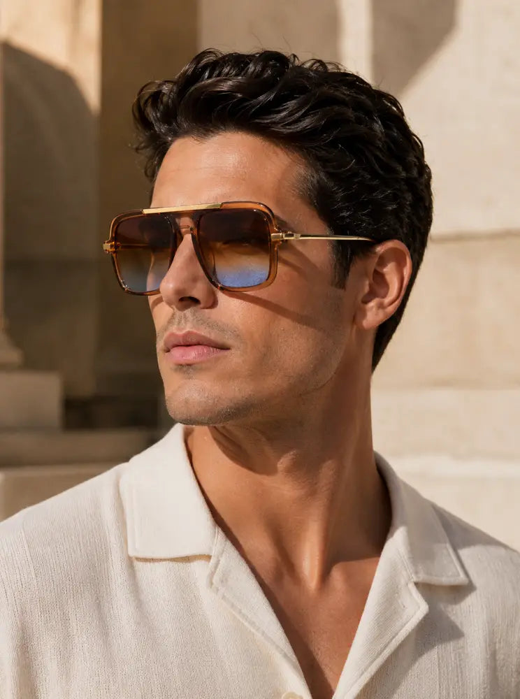 Set of 12 gold-rimmed aviator sunglasses with gradient brown and blue lenses and metal frames