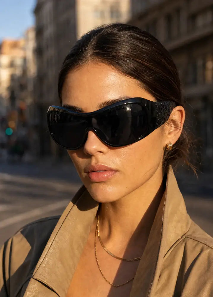 A woman wearing oversized black sunglasses and a tan jacket, photographed outdoors on a city street in warm sunlight.