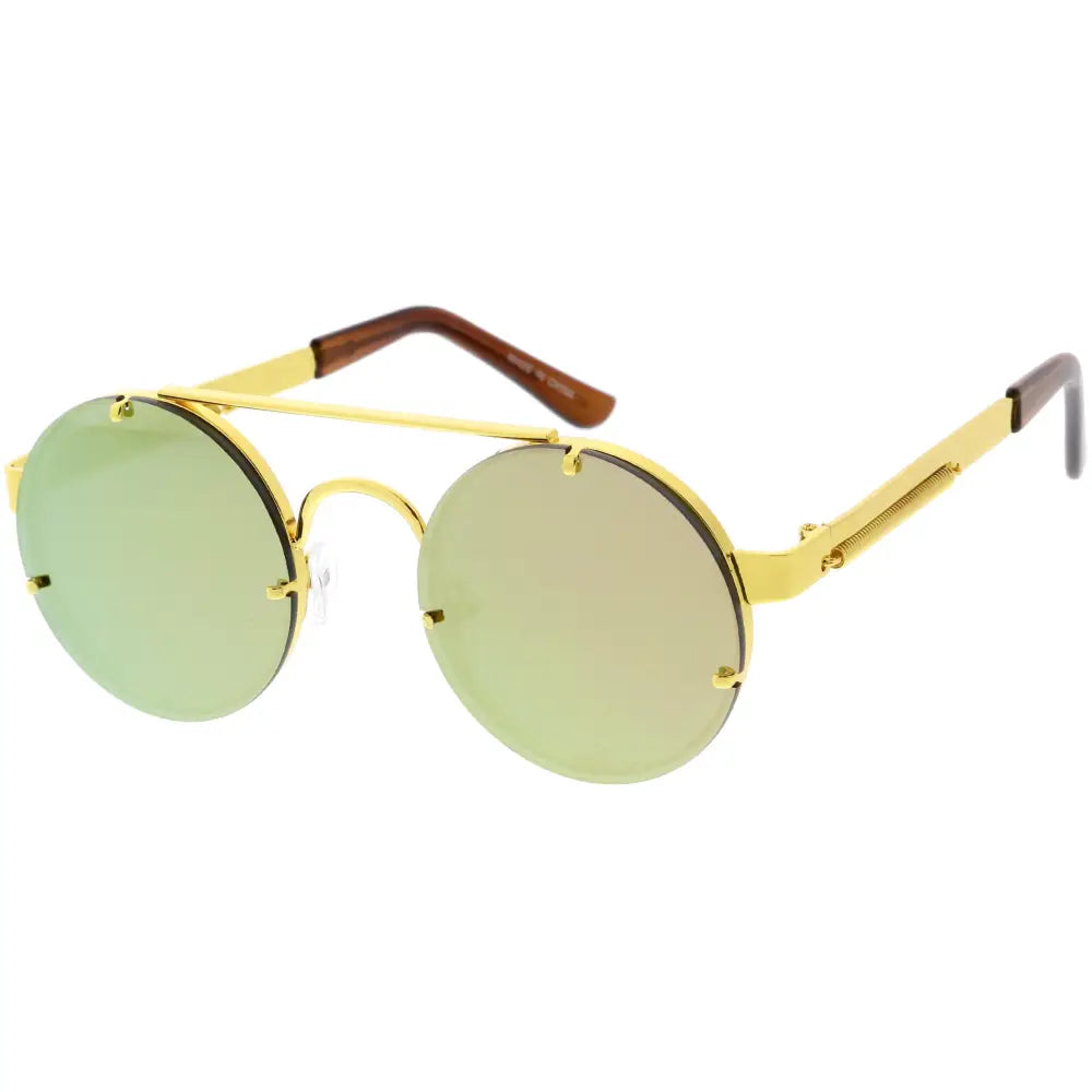 Gafas de sol redondas de montura dorada con lentes de espejo verdes y terminales marrones, juego de 12, modelo sa311