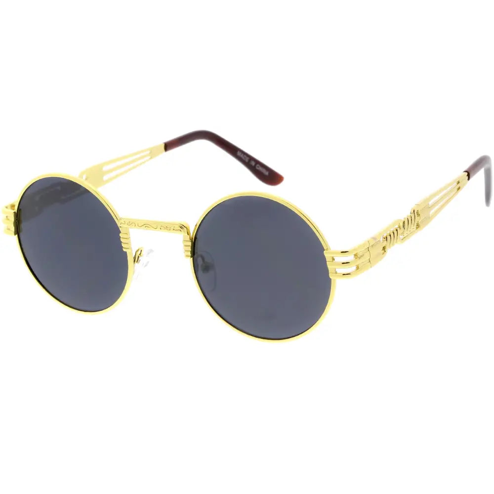 Gold-toned round-framed sunglasses with dark gray lenses and ornate etched detailing on the arms set of 12