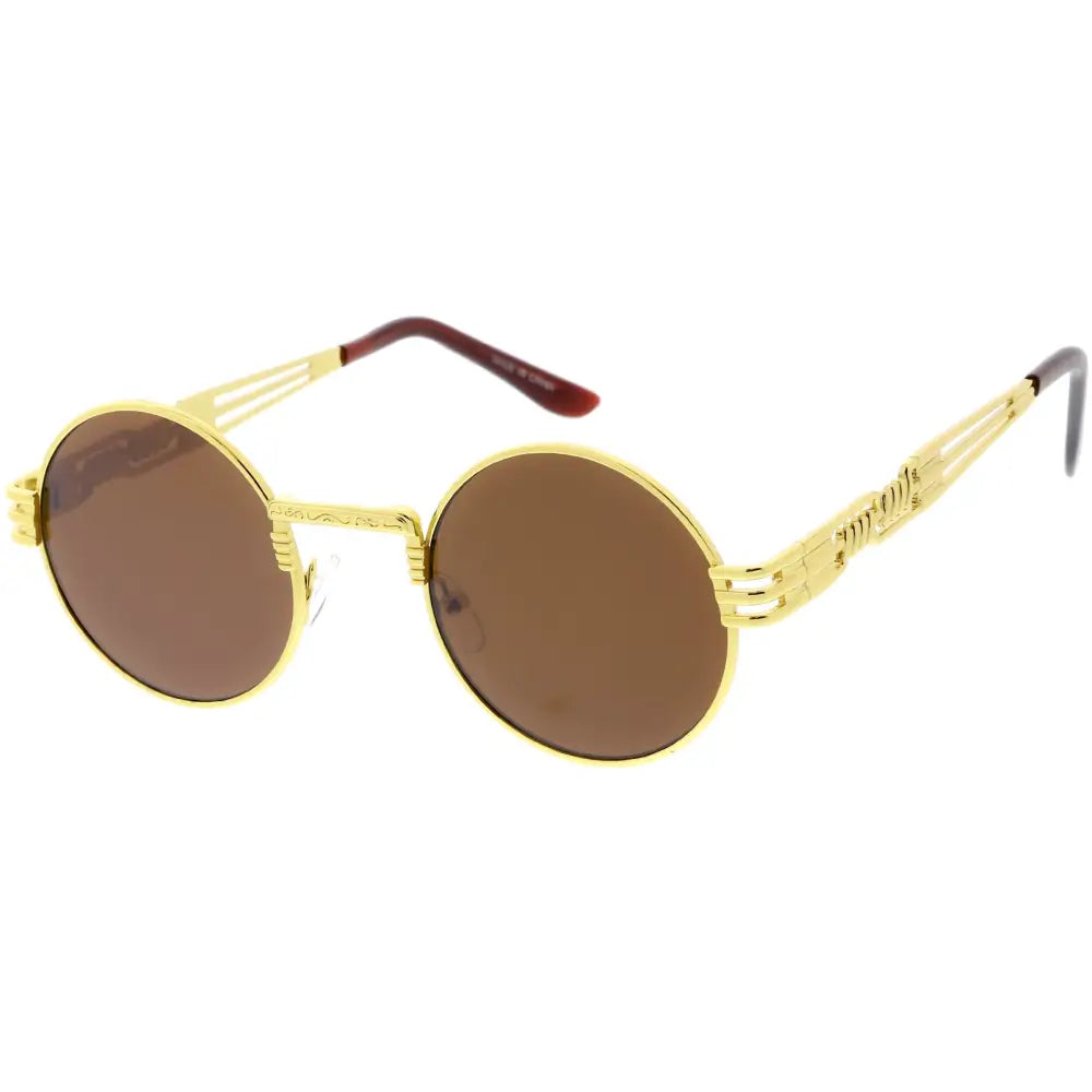 Gold-toned round sunglasses with brown lenses and intricate geometrically patterned metal frames set of 12 sa318