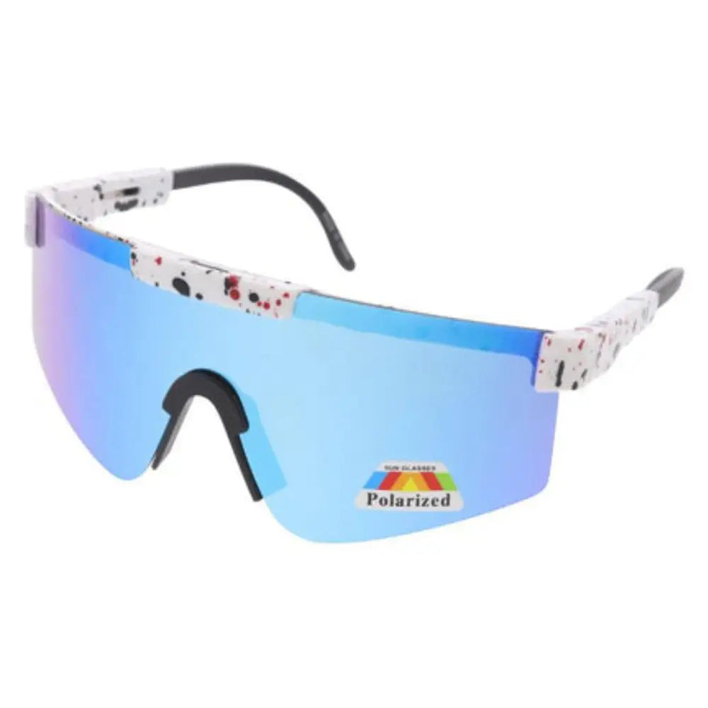 Blue gradient polarized sunglasses with white rectangular frame and black red splatter paint accents set of 12