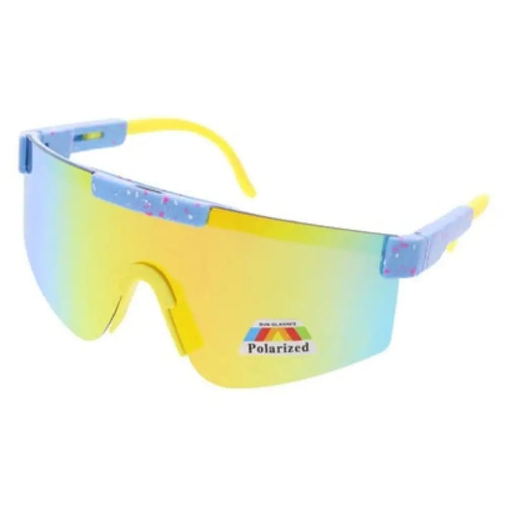 Polarized sunglasses set of 12 with vibrant yellow to blue gradient lenses and speckled light blue frames with yellow tips