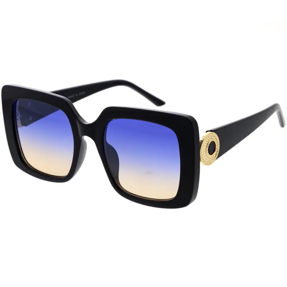 Black square-framed sunglasses with blue to gold gradient lenses and gold-toned circular temple accent set of 12