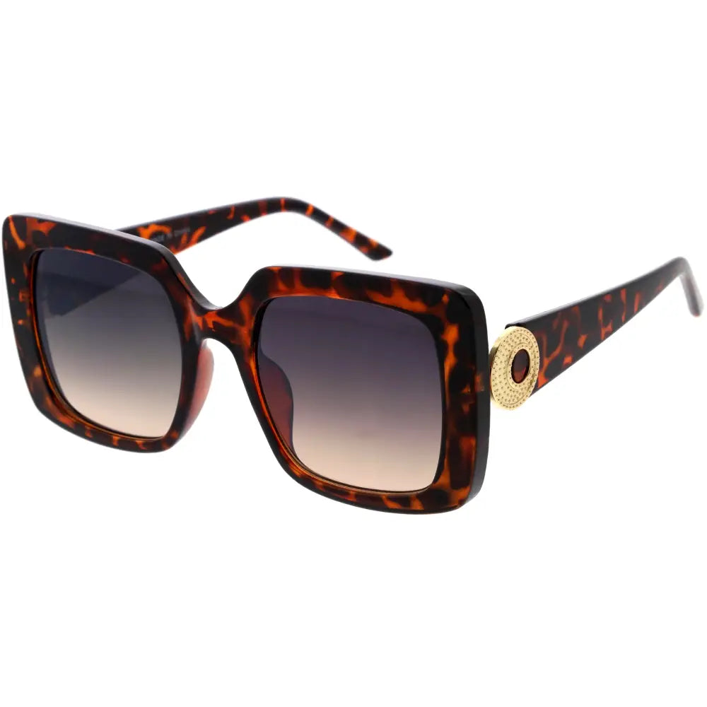 Square tortoiseshell sunglasses with gradient brown to dark gray lenses and gold circular temple accent set of 12