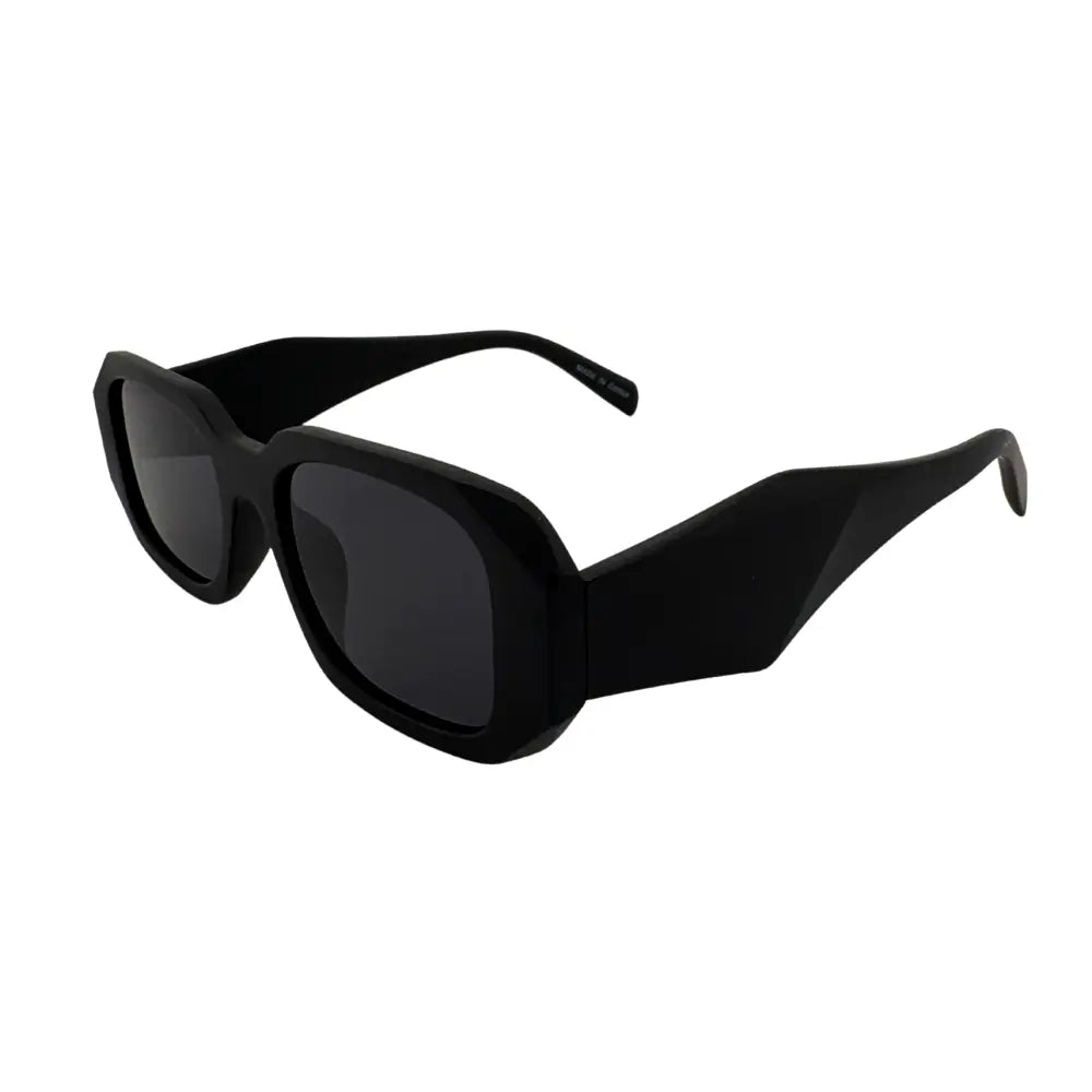 A set of 12 black rectangular sunglasses with dark gray lenses and matte finish frames