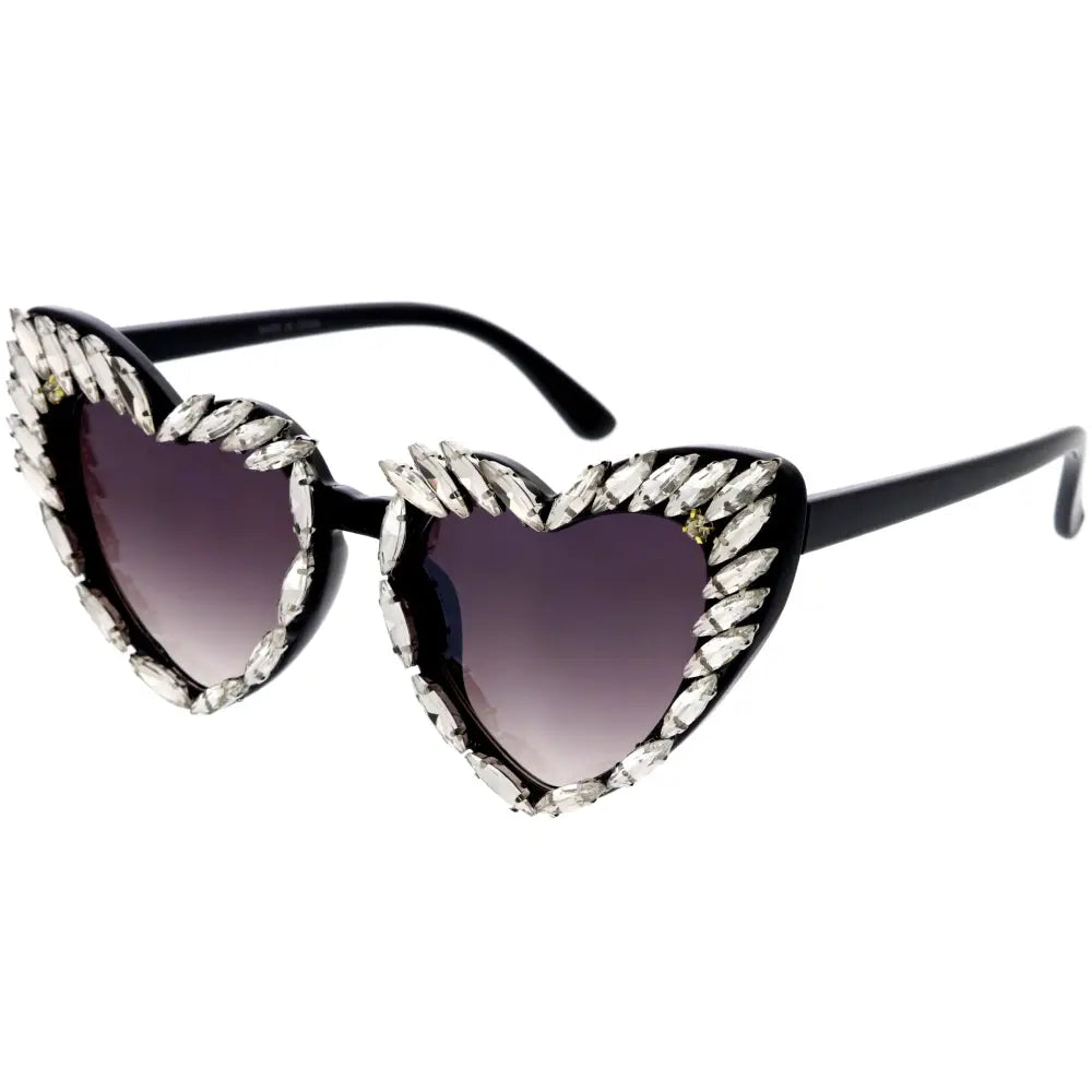 Black heart-shaped sunglasses with clear faceted crystals along the black frame edges set of 12 sa762