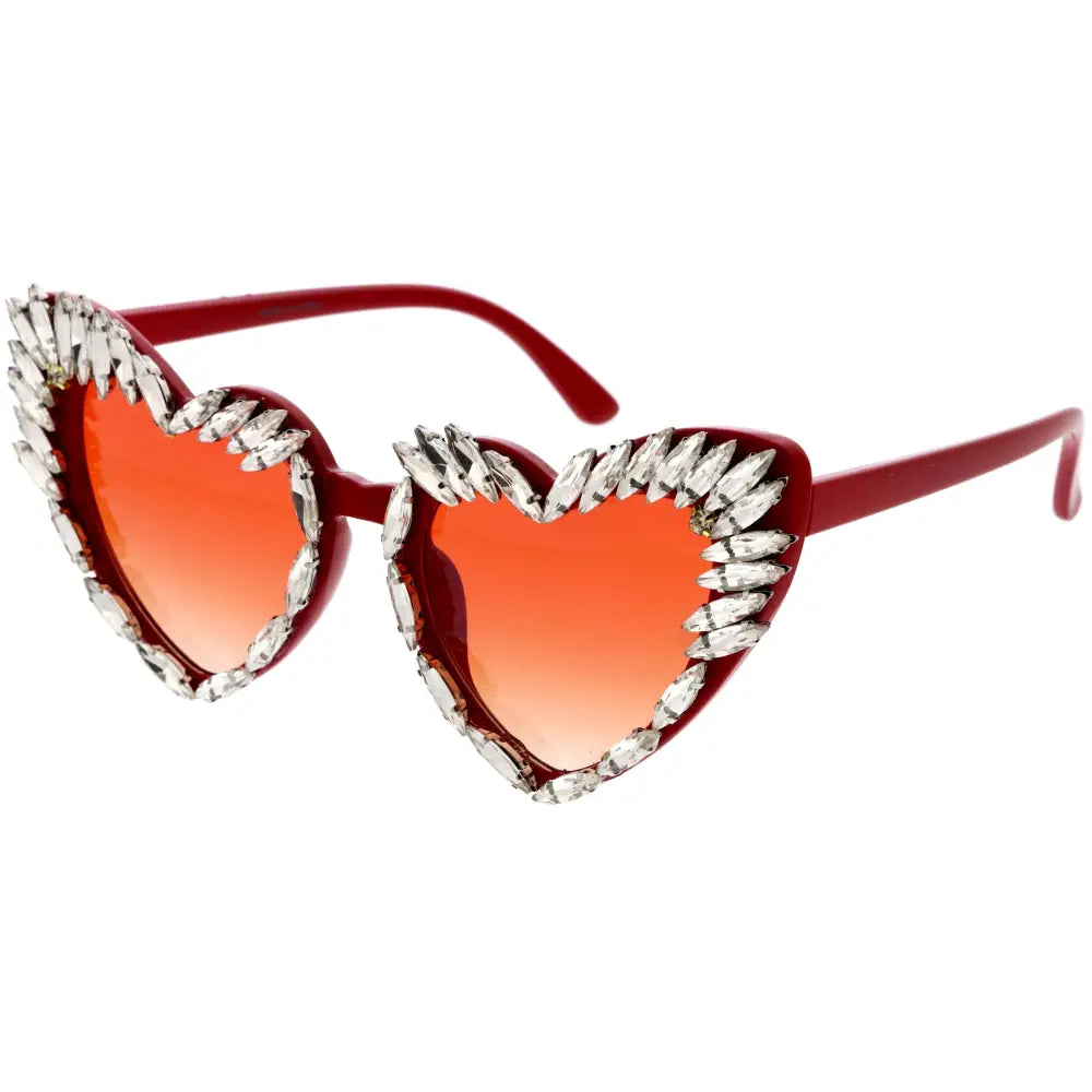 Set of 12 red heart-shaped sunglasses with gradient orange lenses and clear faceted crystal borders