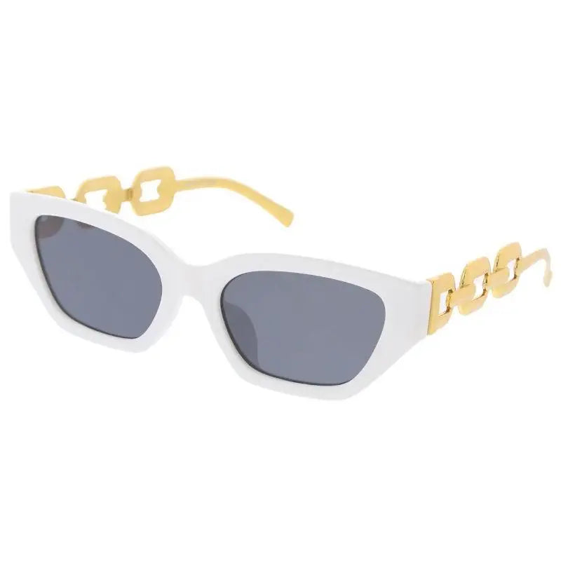 White cat-eye sunglasses with gold chain-link temples and dark gray lenses in a set of 12 sa801