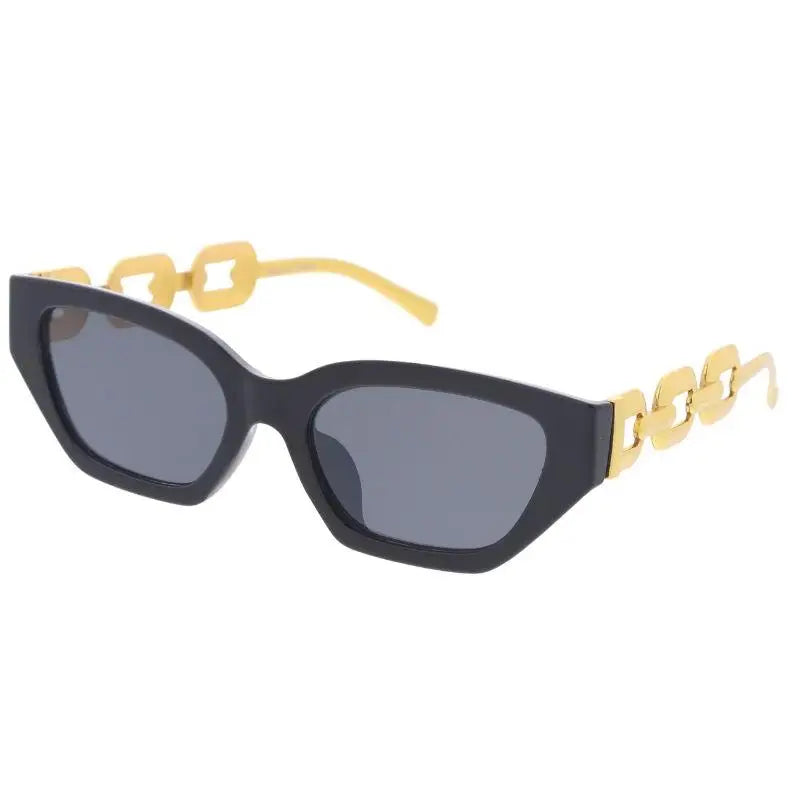 Black cat-eye sunglasses with gold-tone chain-link temples and dark gray lenses in a set of 12