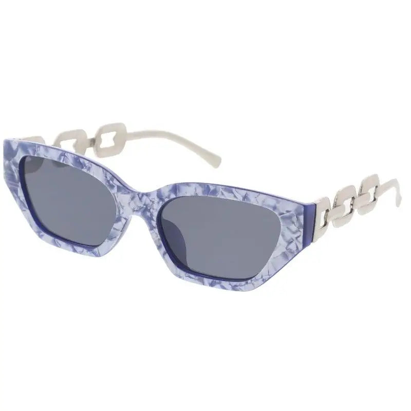 Purple and white marbled acetate sunglasses with silver chain-link temple details in a set of 12