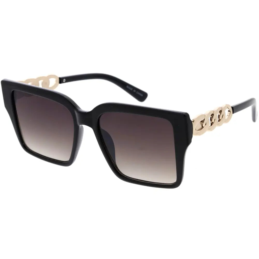 Set of 12 black square-framed sunglasses with gold-tone chain-link temples and gradient brown lenses sa803