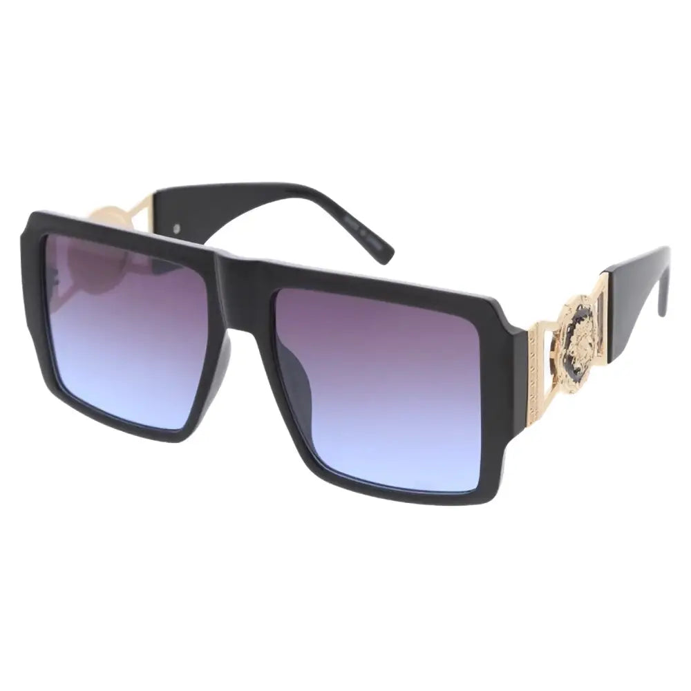 Black rectangular sunglasses with gold medusa head embellishments and gradient purple to blue lenses set of 12