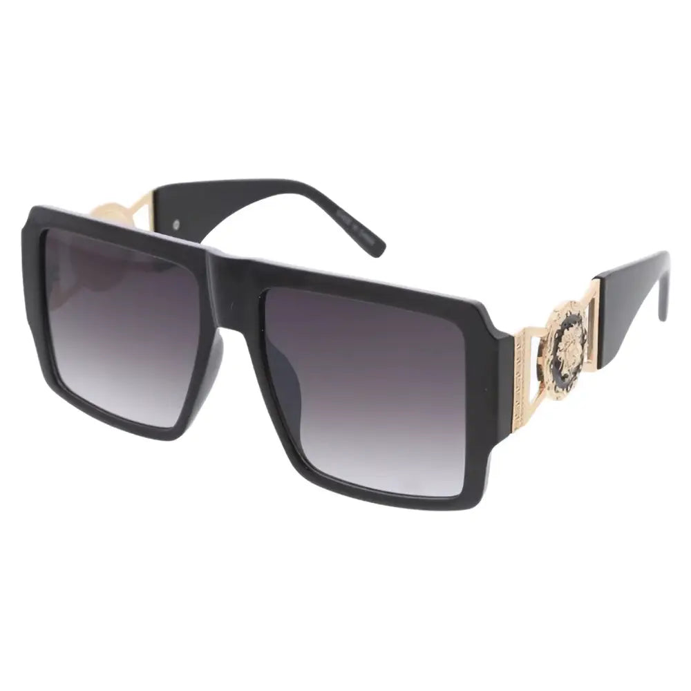 Gafas de sol rectangulares negras con detalles dorados de cabeza de medusa en las varillas y lentes degradados grises, juego de 12