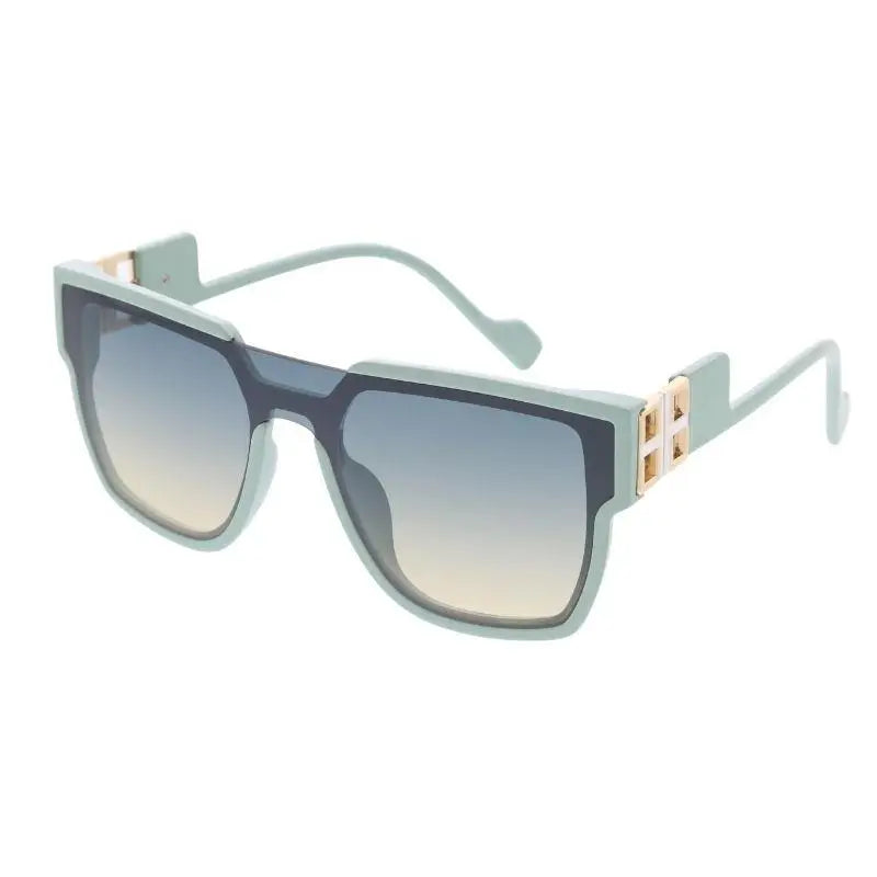 Light blue rectangular sunglasses with gradient gray to beige lenses and gold-tone metal accents set of 12