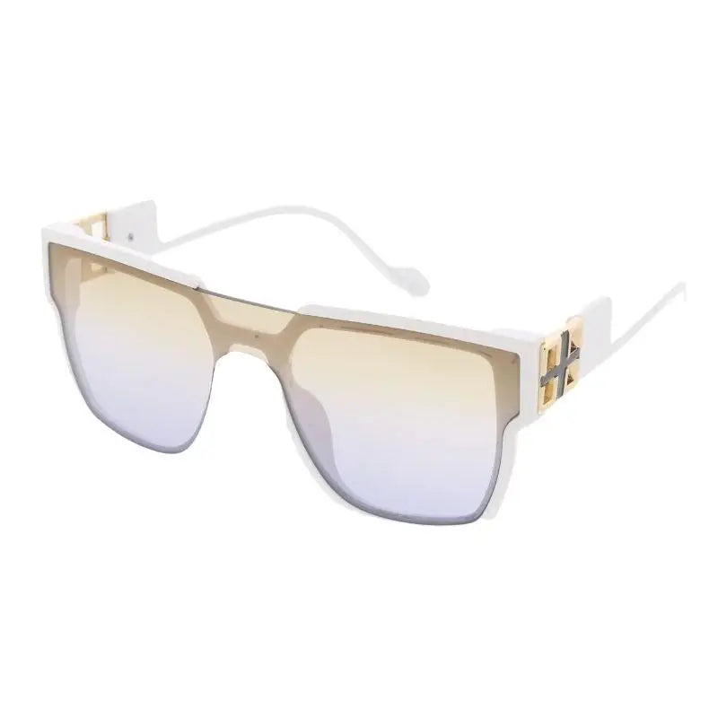 White-framed sunglasses with amber to blue-gray gradient lenses and gold-tone metal temple accents in a set of 12