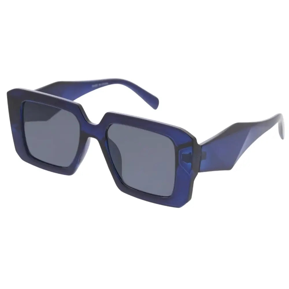 Set of 12 blue rectangular sunglasses with dark gray lenses and glossy translucent frames