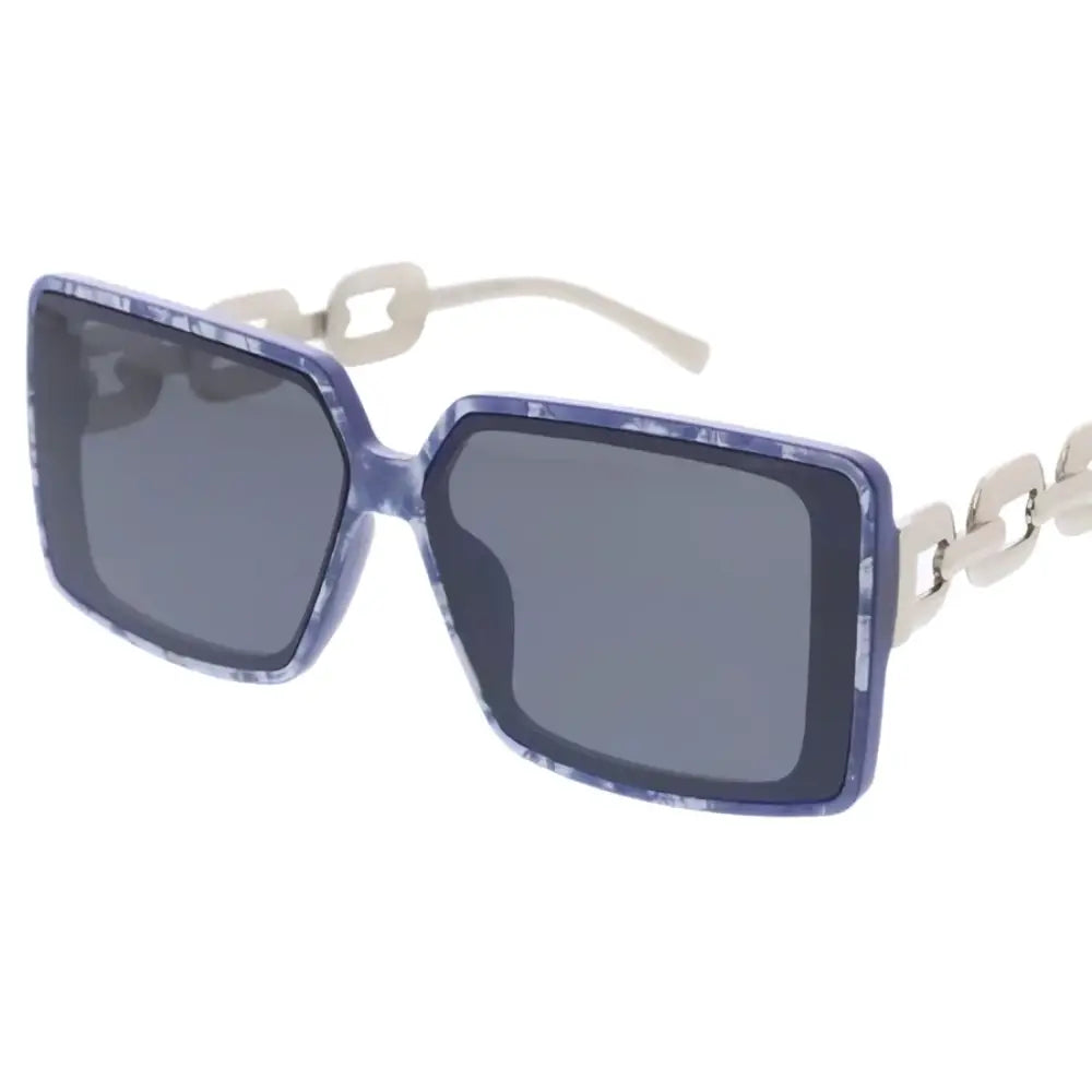 Purple marbled square-frame sunglasses with dark gray lenses and silver chain-link temple details set of 12