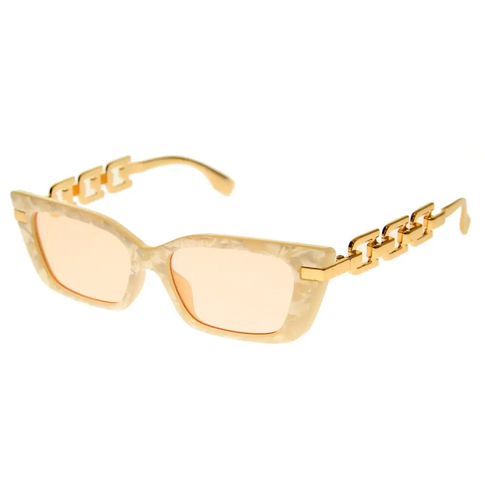 Gold-toned chain-link temple sunglasses with translucent marbled beige frame and peach-tinted lenses set of 12 sa872