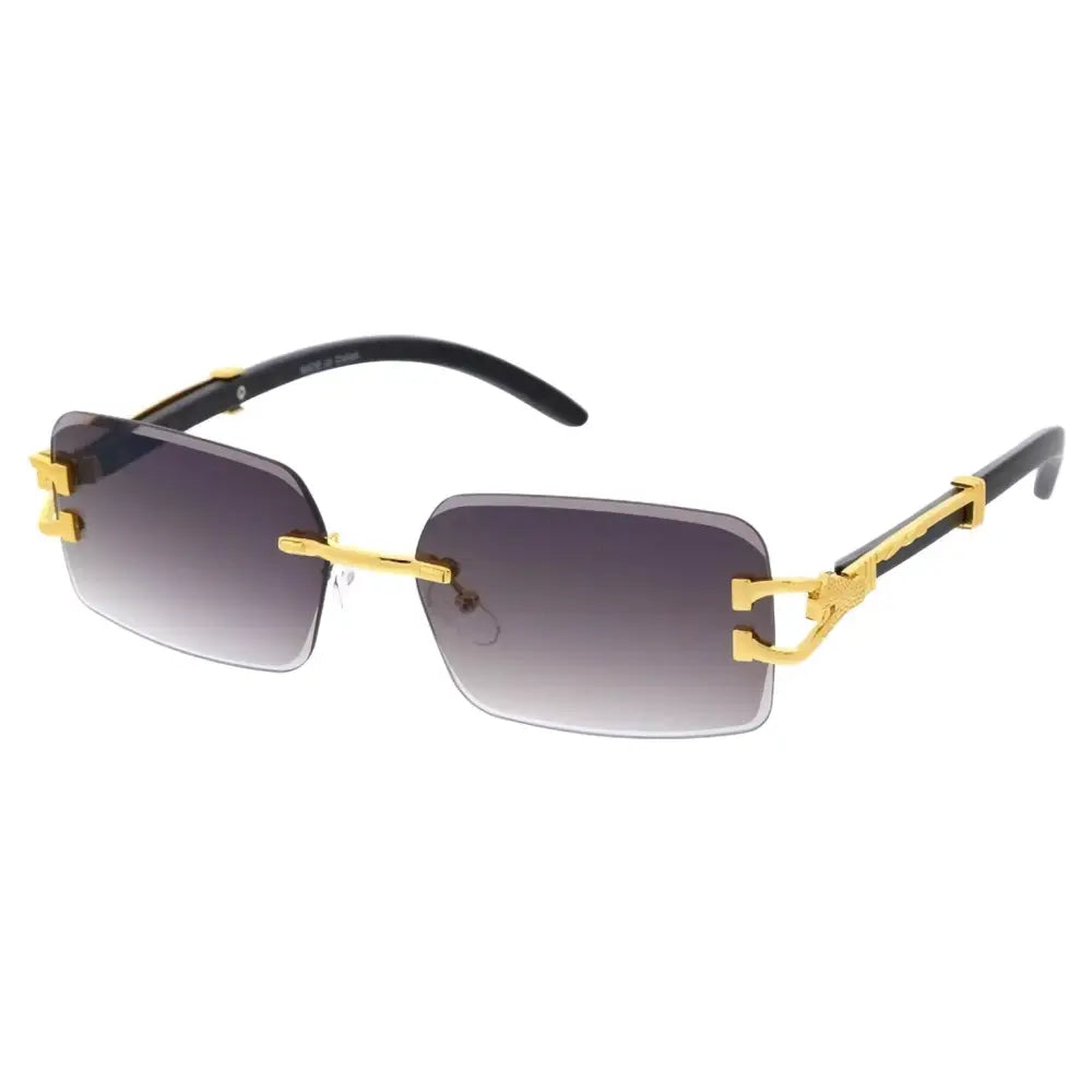Rectangular sunglasses with gold accents, gradient gray lenses, and black temple arms shown as a set of 12