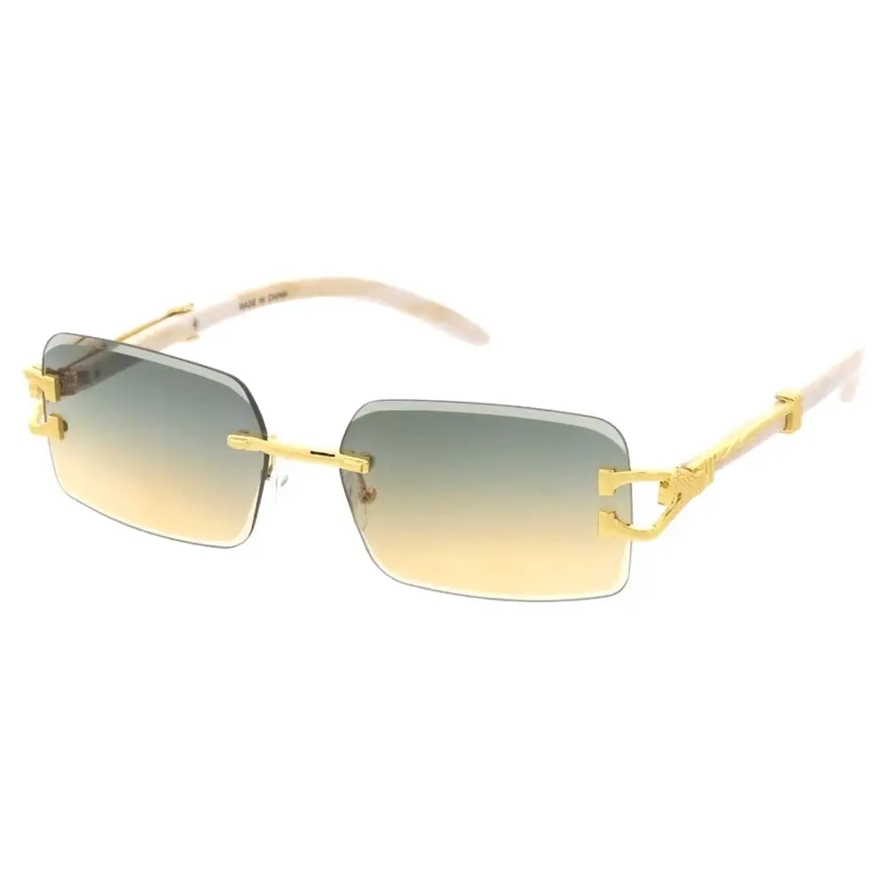 Set of 12 gold-rimmed rectangular sunglasses with gradient green to yellow lenses and a modern sleek design