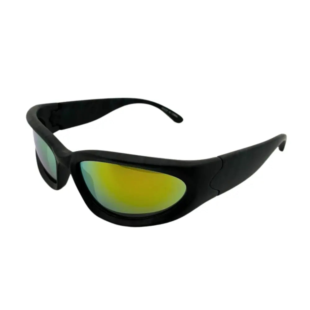 Set of 12 black safety glasses with reflective yellow-green lenses and full frame design