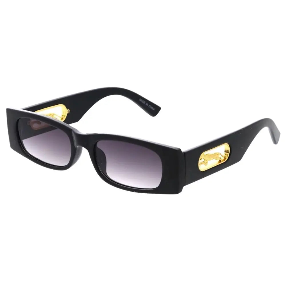 Gafas de sol rectangulares negras con emblemas de león dorados en las varillas y lentes degradados grises, juego de 12