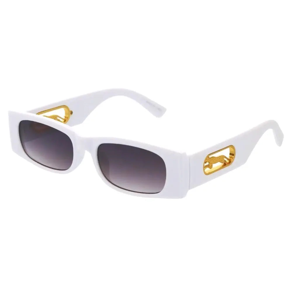 Gafas de sol rectangulares blancas con emblemas de leopardo dorados y lentes degradados grises, juego de 12