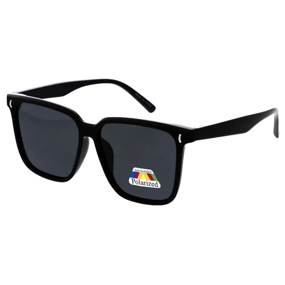 Black rectangular-framed sunglasses with dark gray polarized lenses shown as a set of 12 labeled sa902p
