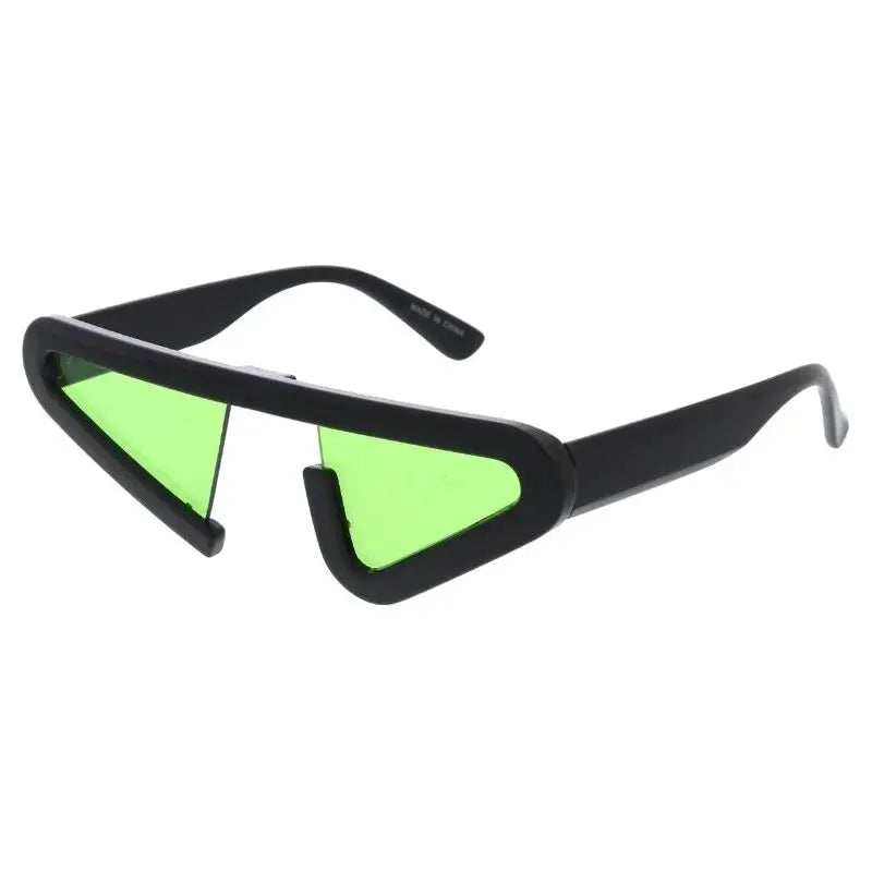 Set of 12 black-framed sunglasses with vibrant lime green triangular lenses titled sa913