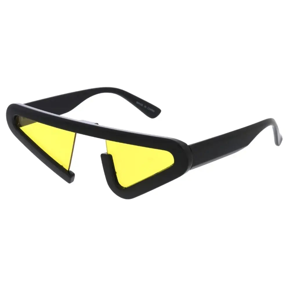 Black-framed sunglasses with bold angular yellow triangular lenses in a set of 12 model sa913