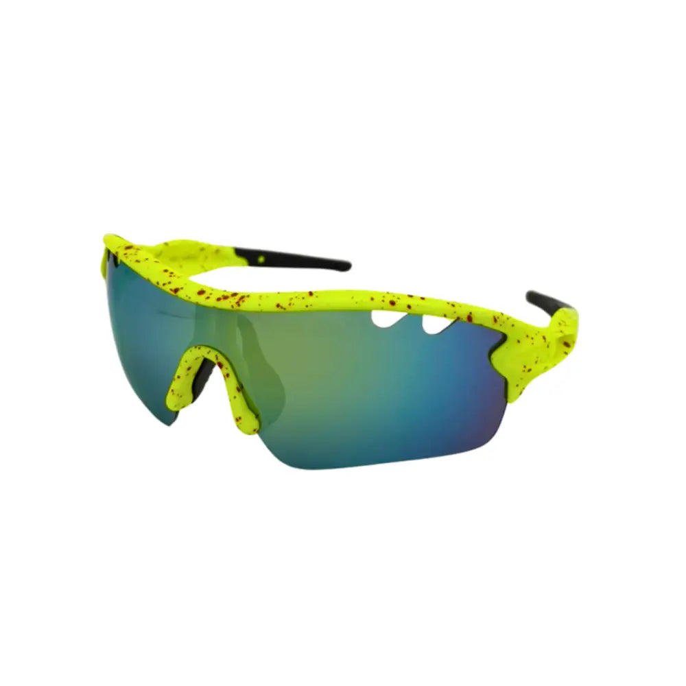 Set of 12 neon yellow sports sunglasses with speckled texture and gradient blue mirrored lenses