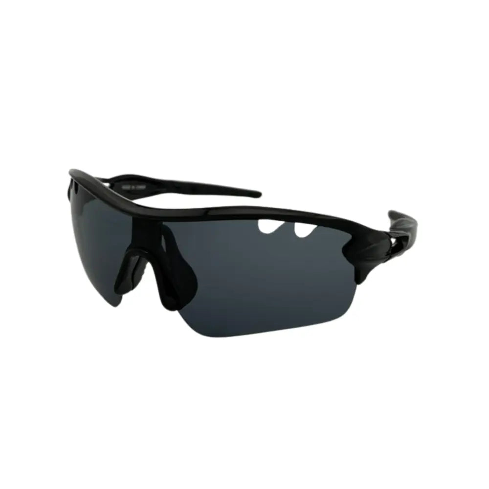 Black sport sunglasses set of 12 with dark gray lenses and a sleek aerodynamic frame