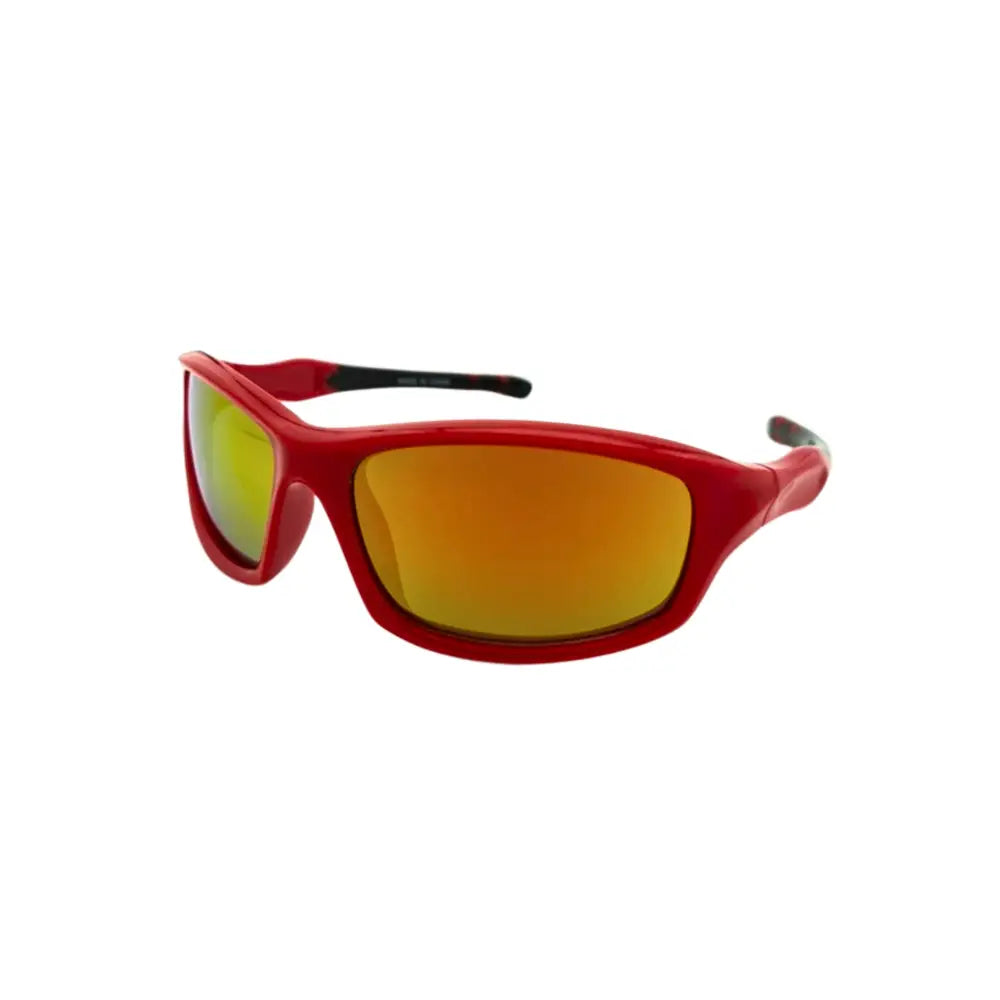 Red sport sunglasses with oval red frames and gradient mirrored lenses shifting from yellow to orange set of 12