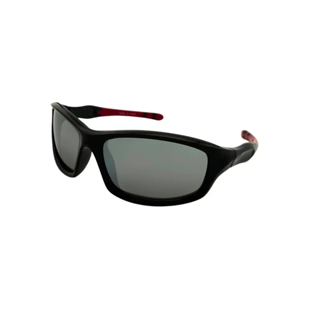 Set of 12 black sport sunglasses sa931k with red-accented temple tips and gray gradient lenses