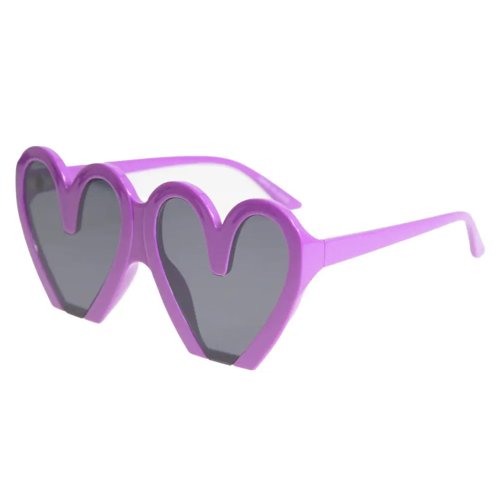 Set of 12 purple heart-shaped sunglasses with dark gray lenses and plastic frames