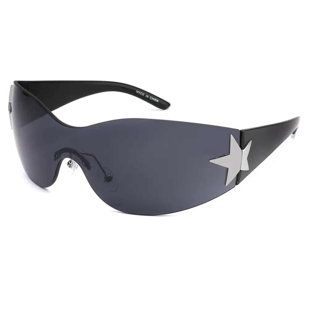 Black sunglasses set of 12 with sleek futuristic frame, dark gray lenses, and silver star accent on the temple