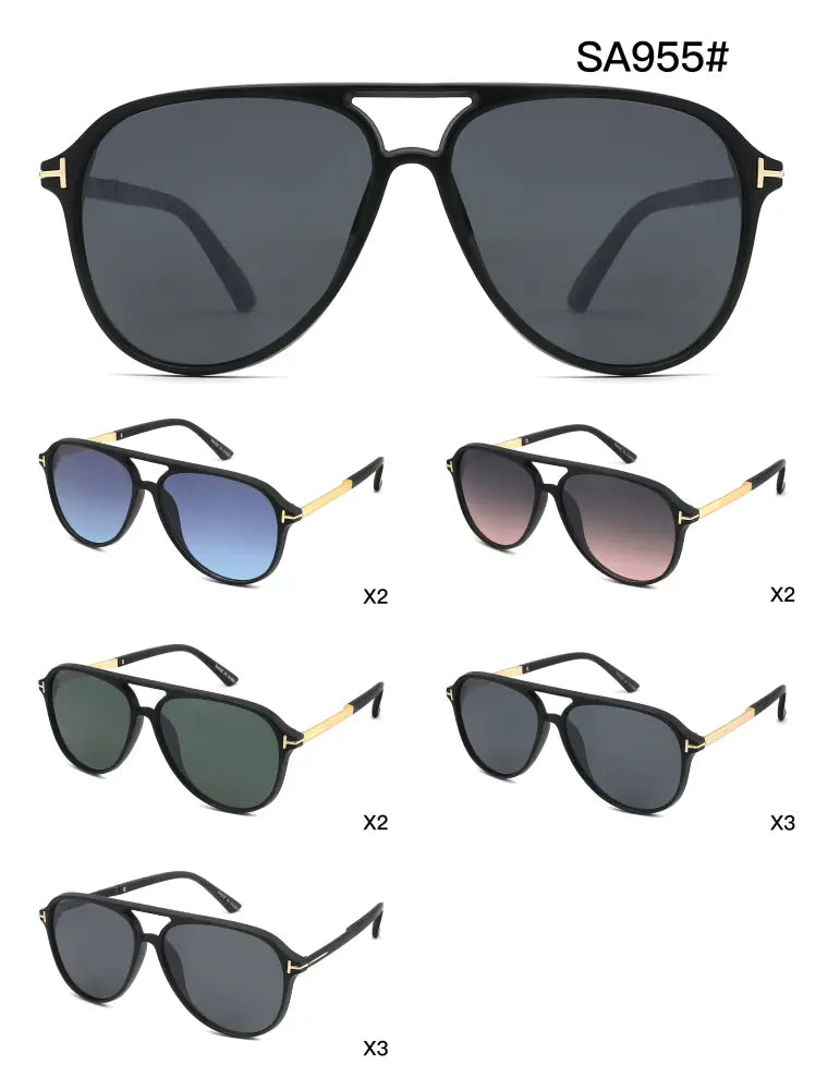 Collection of sunglasses with different lens colors and frame designs on a white background.