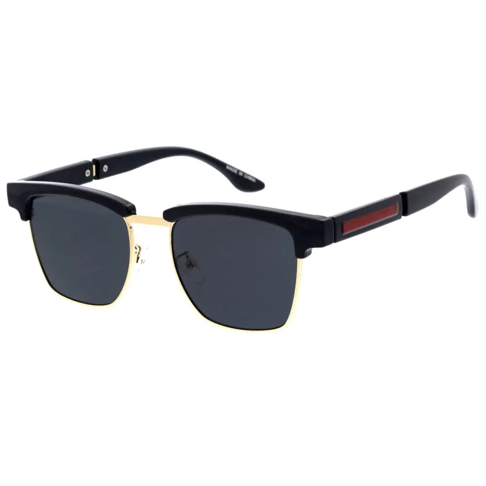 Gafas de sol negras y doradas de media montura con lentes gris oscuro y franja roja en la varilla, juego de 12 sa971