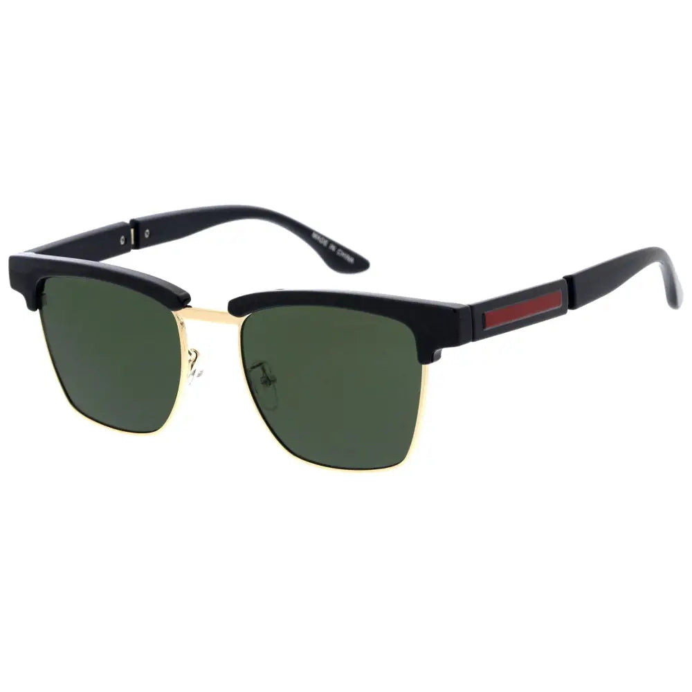 Juego de 12 gafas de sol de media montura negra y dorada con lentes verdes y franja roja en la varilla