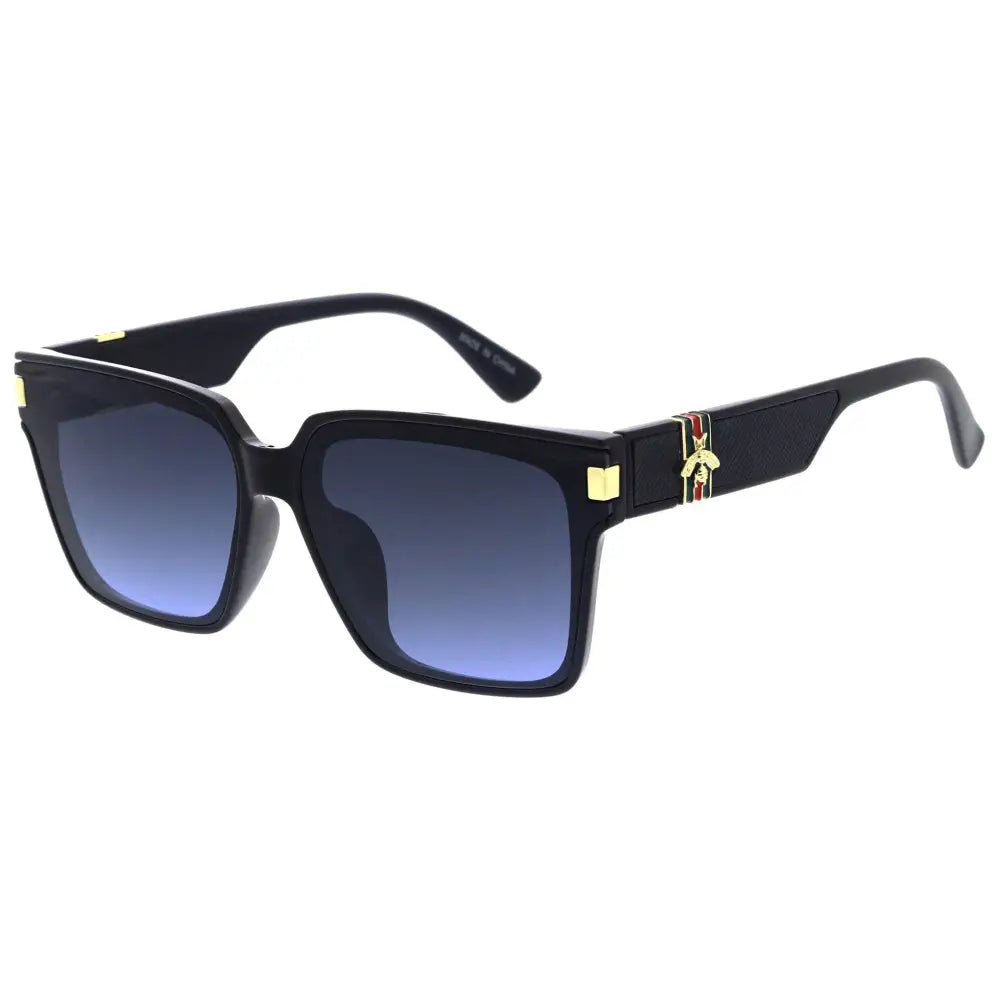 Black square-framed sunglasses with gradient blue lenses and gold-tone bee emblem accents set of 12