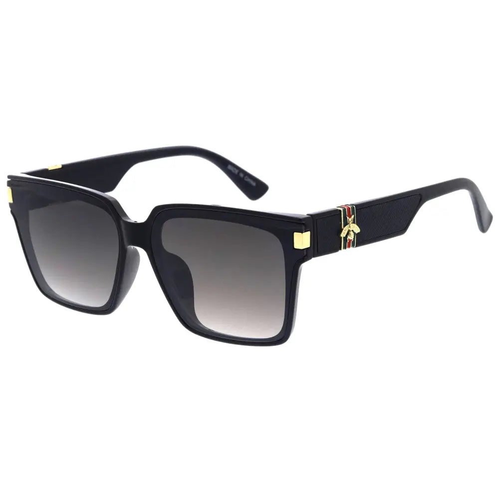 Black square-framed sunglasses with gradient gray lenses and gold-tone bee emblem on the temples set of 12