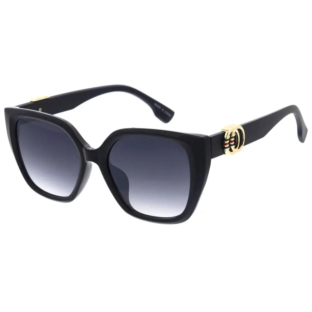 Set of 12 black square-framed sunglasses with gradient gray lenses and gold-tone logo accents on the temples