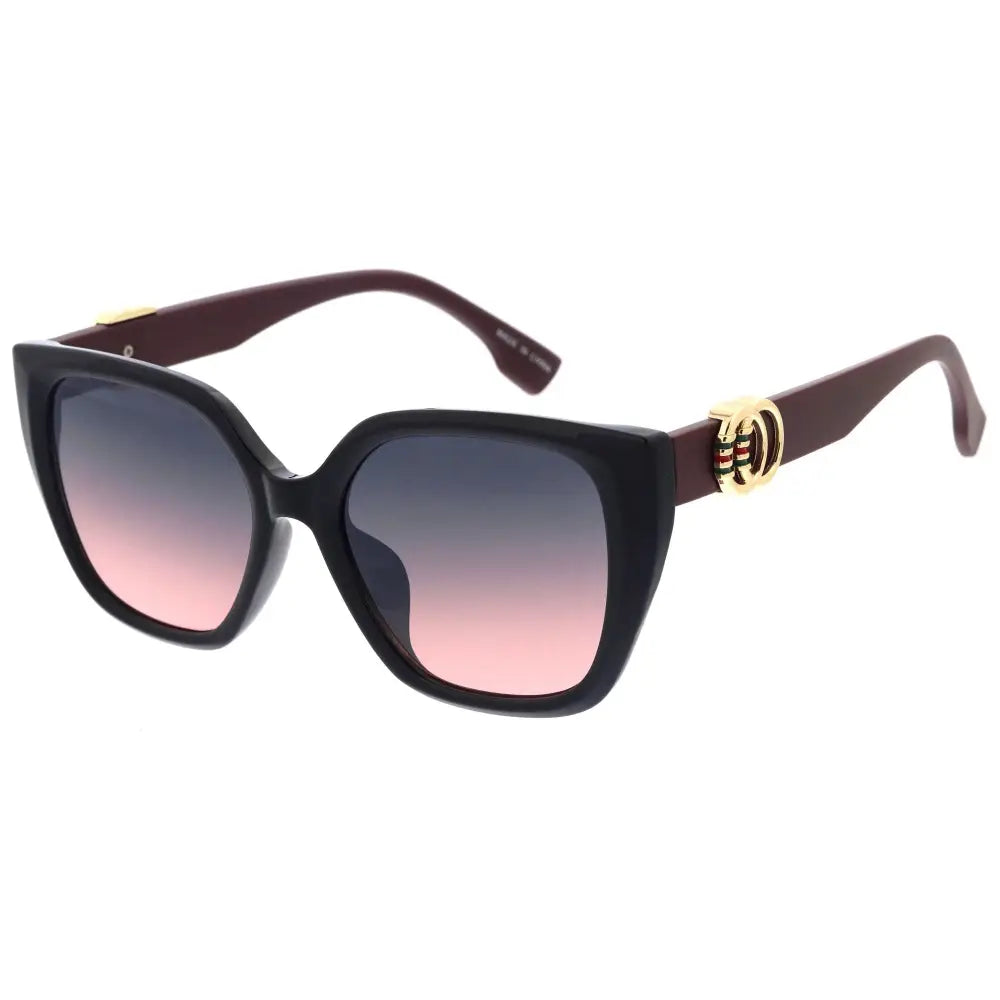 Set of 12 black square-framed sunglasses with gradient pink to gray lenses and gold-tone logo accents on the temples