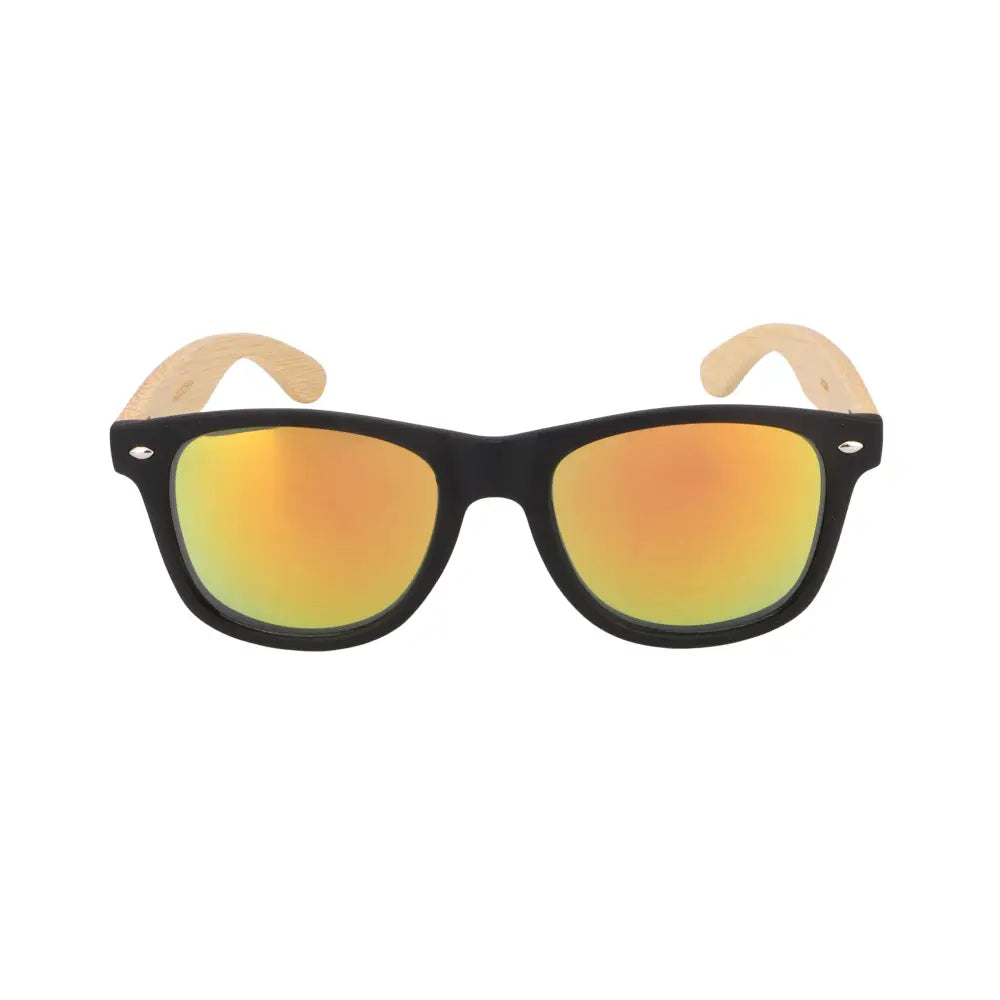 Set of 12 black-framed sunglasses with wooden temple arms and gradient orange to yellow mirrored lenses w3264