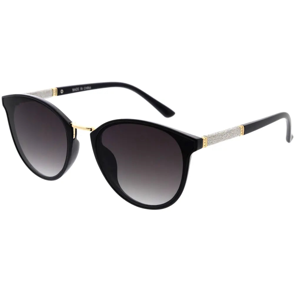 Black cat-eye sunglasses with gradient gray lenses and glittery silver accents on the temples set of 12