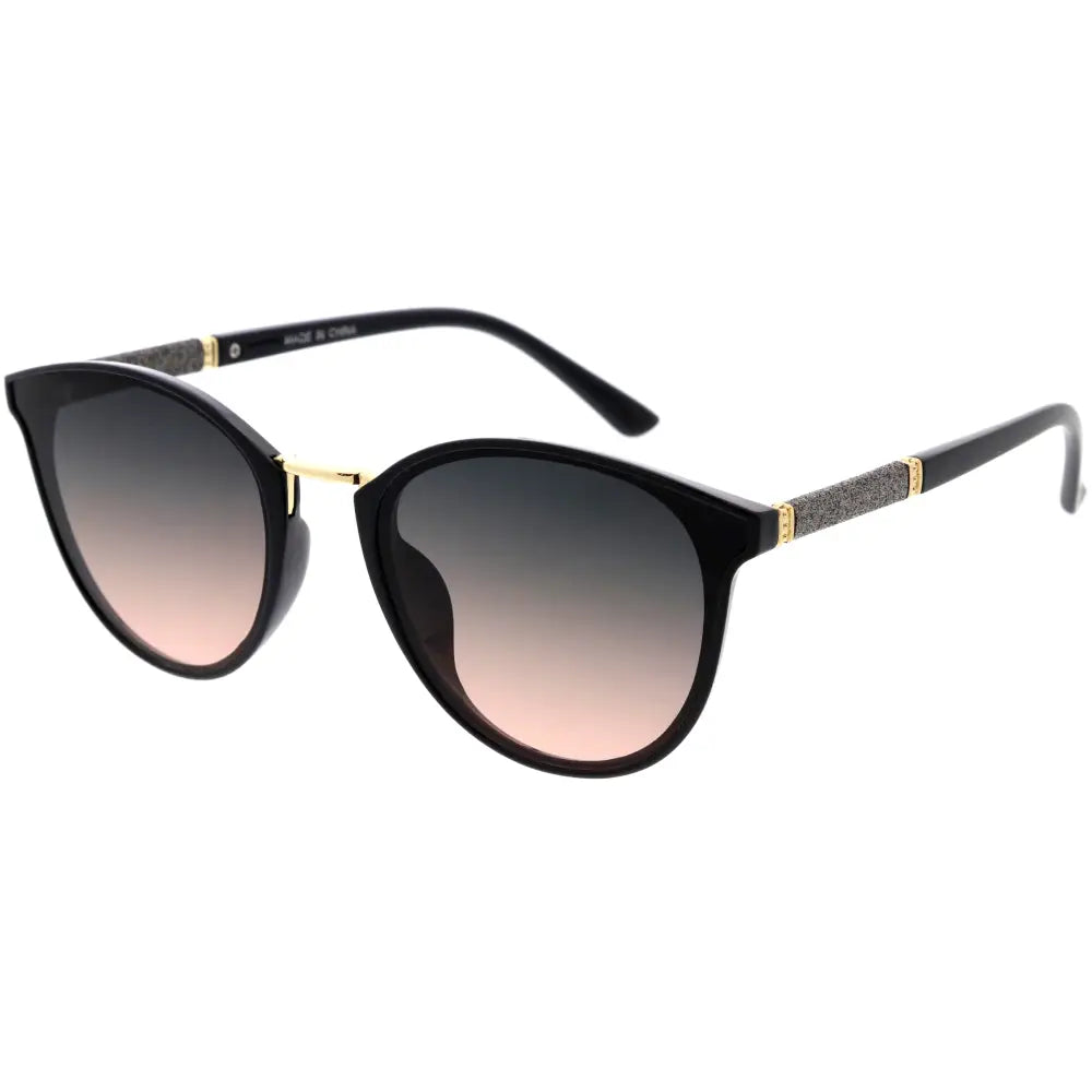 Black cat-eye sunglasses with gradient pink to gray lenses and gold metal accents on bridge and temple tips set of 12