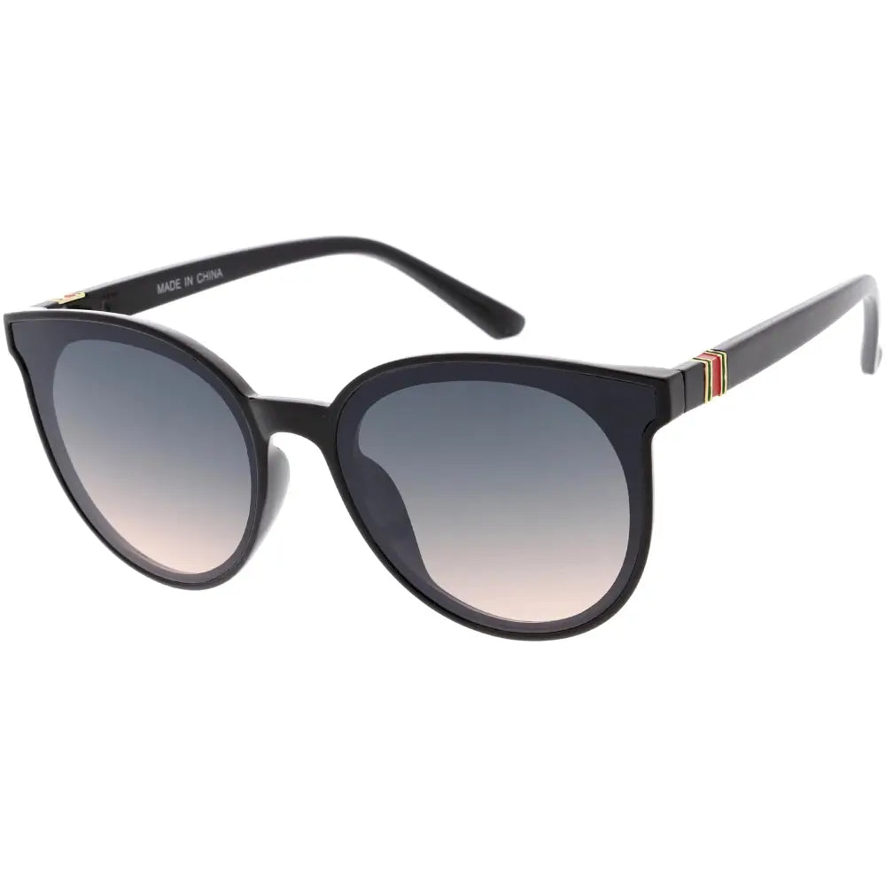 Black cat-eye sunglasses with gradient gray to pink lenses and small red yellow green stripe detail on temple set of 12