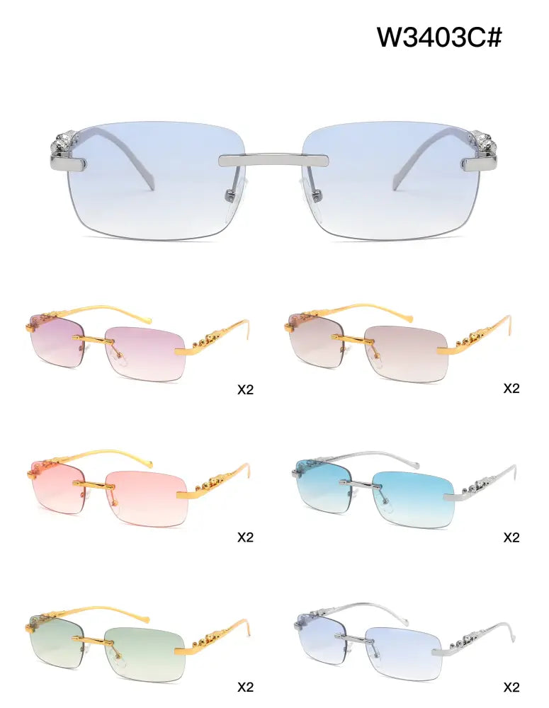 Silver-framed rectangular sunglasses with gradient blue lenses and crystal accents on the temples set of 12